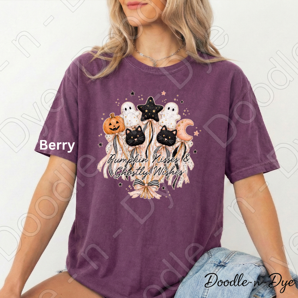 Pumpkin Kisses & Ghostly Wishes Shirt, Cute Halloween Tee, Comfort Colors Halloween Shirt, Ghost Pumpkin Cat Tee, Coquette Fall Shirt