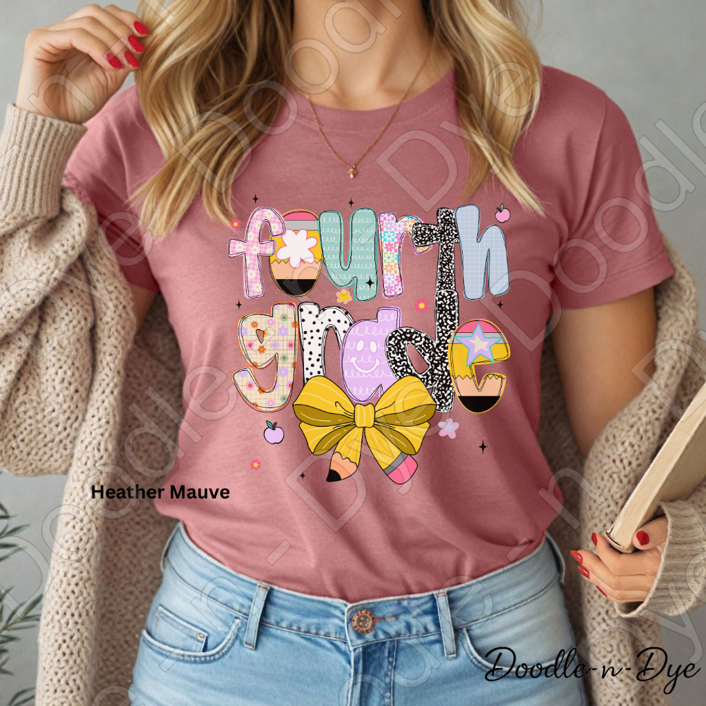 Fourth Grade Teacher Shirt with Pencil Bow – Bella + Canvas Back‑to‑School Tee for Teachers, Staff, Classroom Prep & First‑Day Outfits