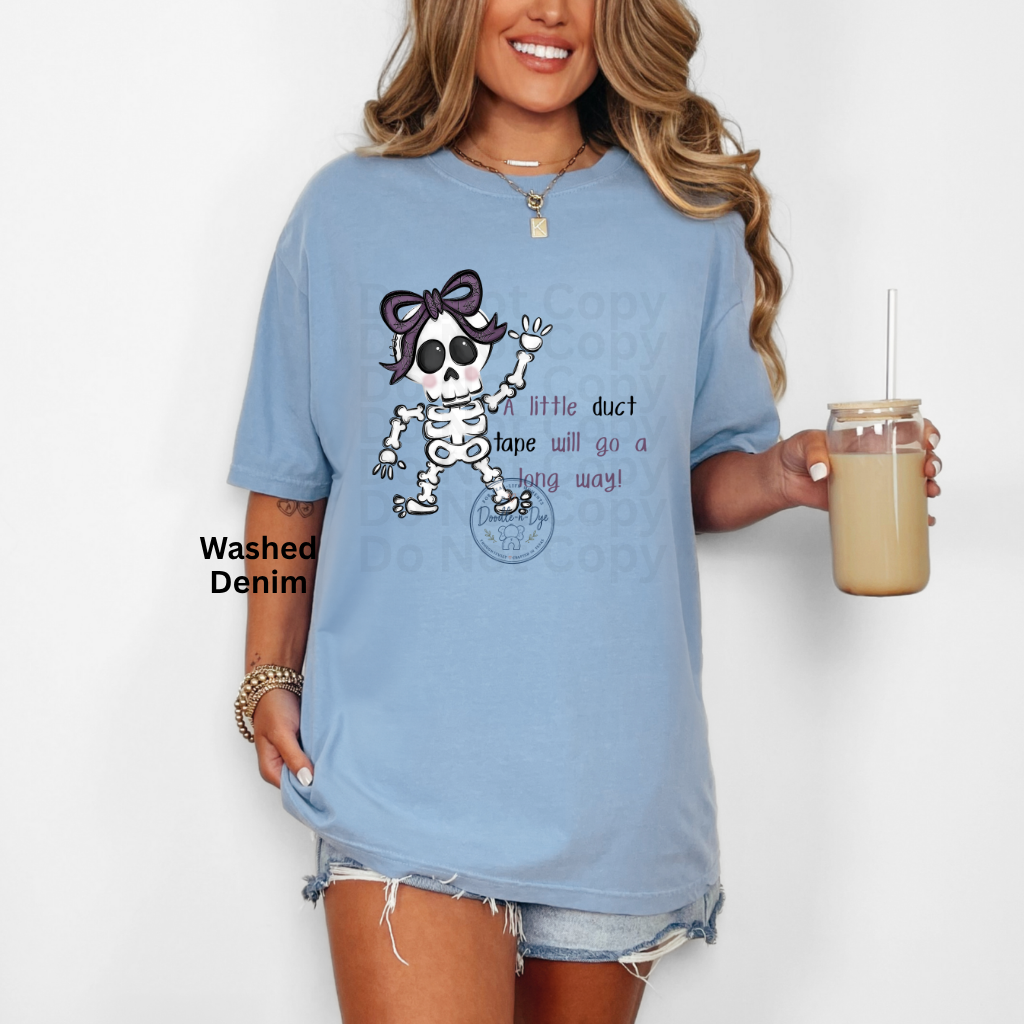 Halloween Skeleton A Little Duct Tape Will Go a Long Way Shirt | Funny Halloween Skeleton Tee | Original Doodle-n-Dye Design | Comfort Colors® 1717 Graphic T-Shirt