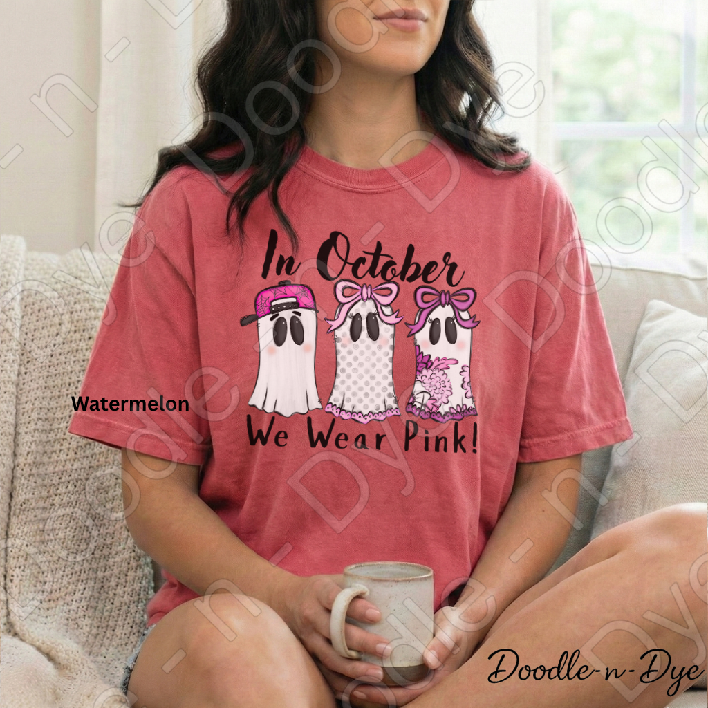 In October We Wear Pink Shirt | Doodle-n-Dye Original | Breast Cancer Awareness Ghost Tee | Comfort Colors 1717 | Cute Halloween Pink Shirt
