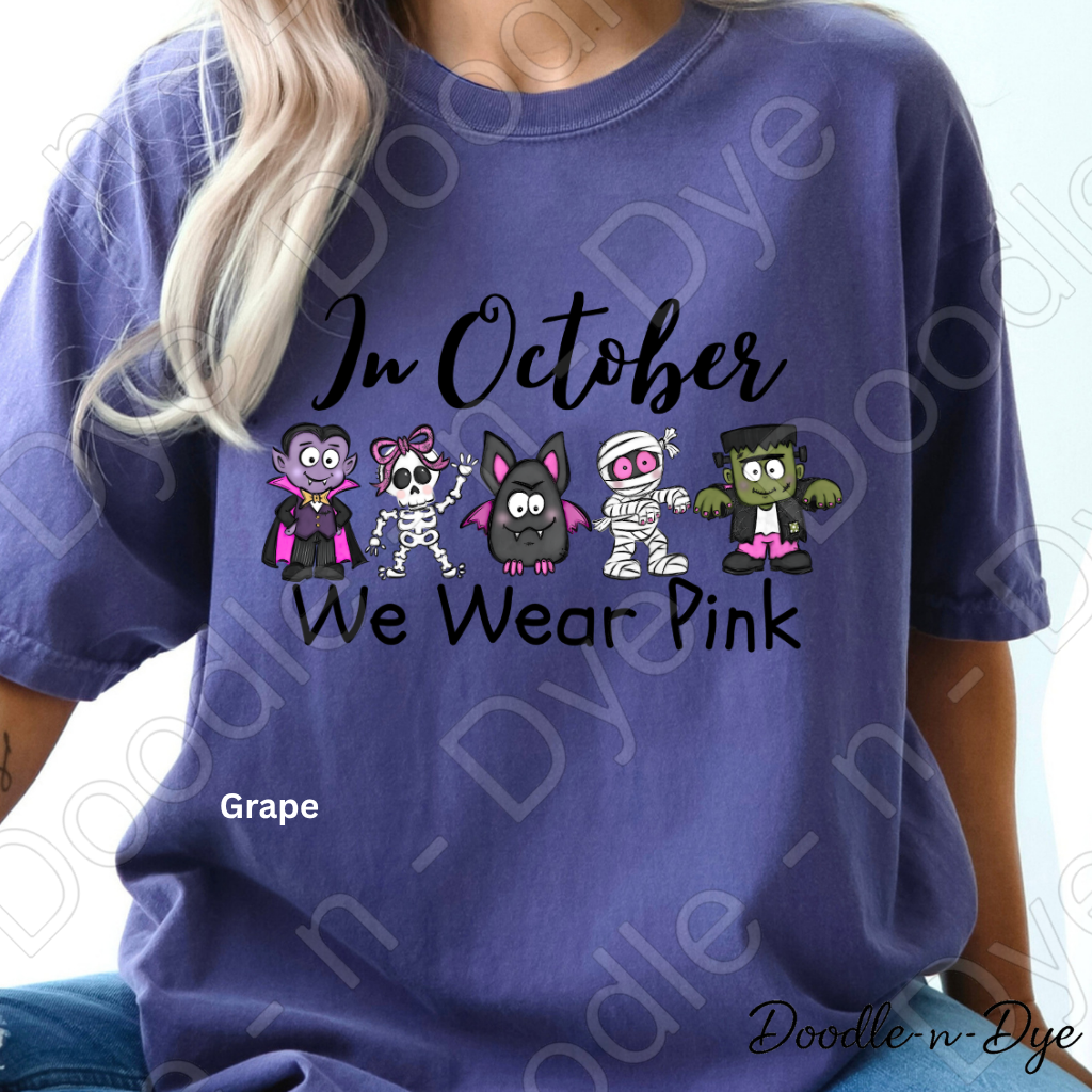 In October We Wear Pink Shirt | Doodle-n-Dye Original | Breast Cancer Awareness Tee | Comfort Colors 1717 | Cute Halloween Pink Shirt