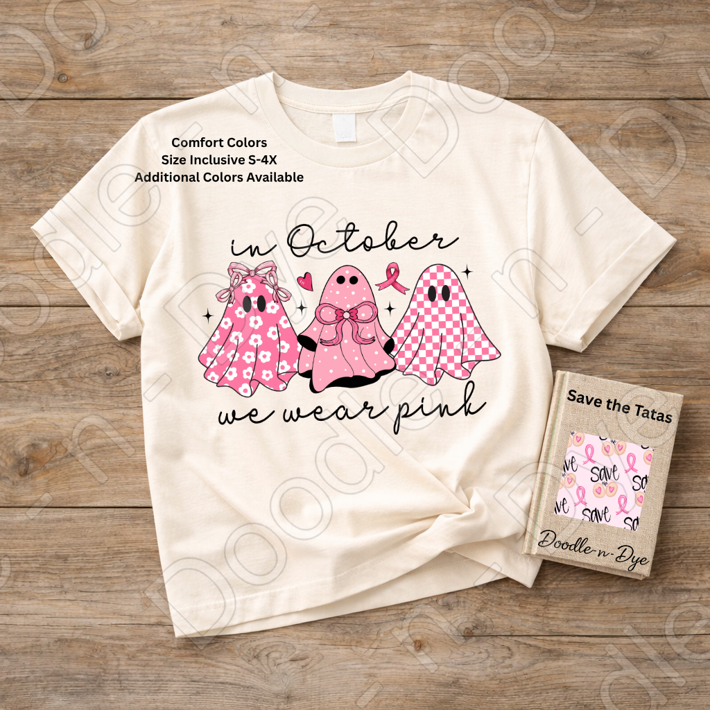 In October We Wear Pink Ghost Shirt | Breast Cancer Awareness Halloween Tee | Comfort Colors 1717 | Pink Ghost Graphic Shirt | October Cancer Support Tee