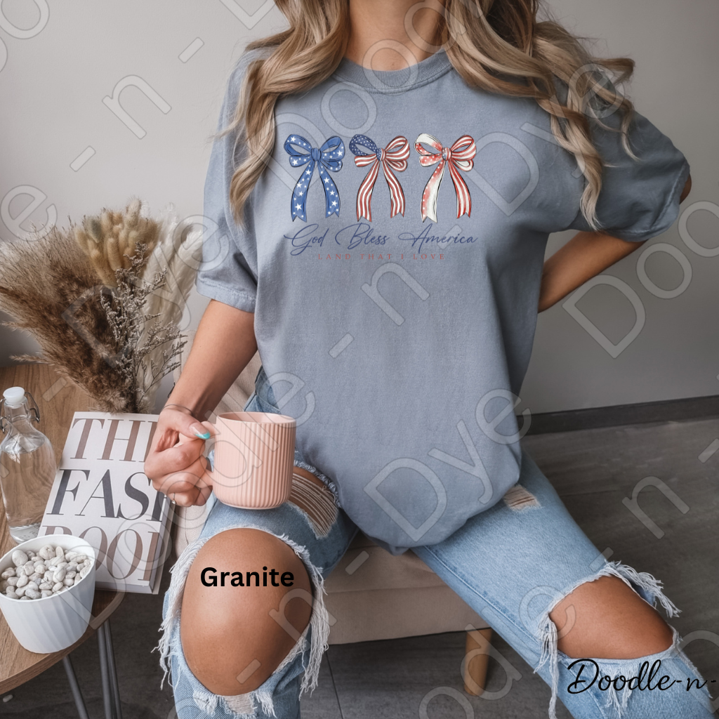 God Bless America Bow Shirt – Patriotic Comfort Colors USA Tee - Land That I love Coquette Bow T-Shirt