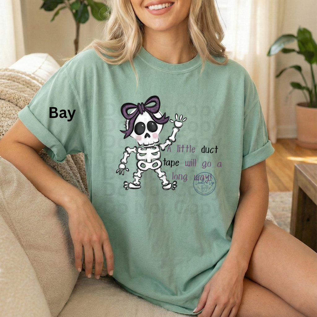 Halloween Skeleton A Little Duct Tape Will Go a Long Way Shirt | Funny Halloween Skeleton Tee | Original Doodle-n-Dye Design | Comfort Colors® 1717 Graphic T-Shirt