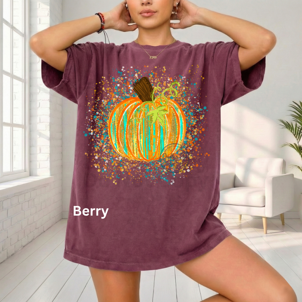 Watercolor Pumpkin Shirt | Artistic Splatter Paint Fall Pumpkin Tee | Autumn Graphic T-Shirt | Comfort Colors® 1717 | Pumpkin Patch Outfit | Cozy Fall Shirt