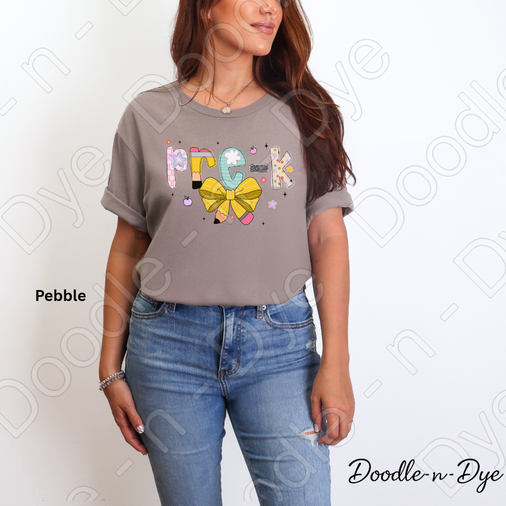 Pre‑K Teacher Shirt with Pencil Bow – Bella + Canvas Back‑to‑School Graphic Tee for Teachers, Staff, Preschool & Classroom Outfits