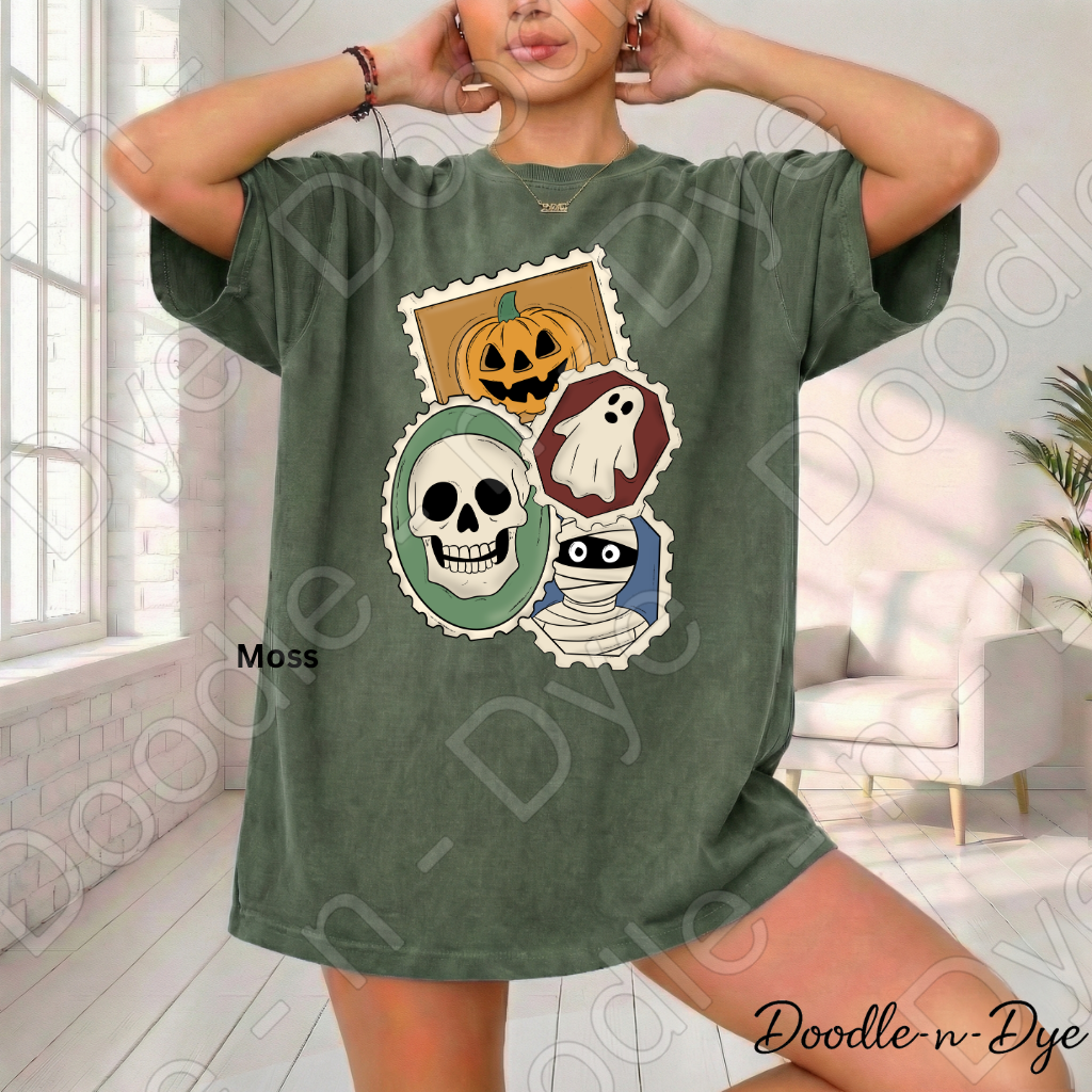 Vintage Halloween Stamp Shirt | Retro Spooky Postage Graphic Tee | Comfort Colors 1717 | Ghost Pumpkin Skull Halloween Shirt