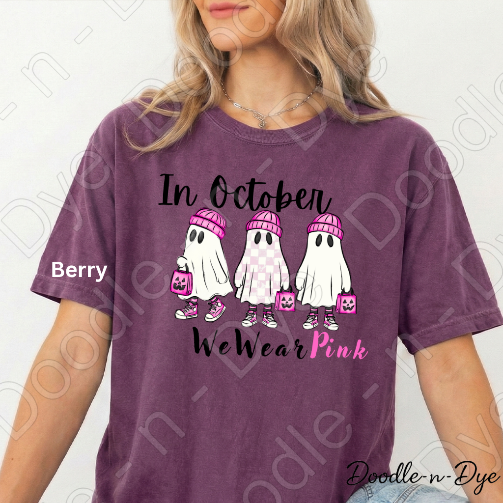 In October We Wear Pink Ghost Shirt | Breast Cancer Awareness Tee | Comfort Colors 1717 | Cute Halloween Ghost Shirt | October Pink Tee