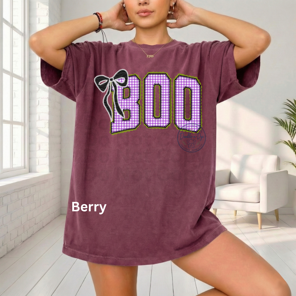 BOO Halloween Shirt | Purple Gingham Ghost Season Tee | Cute Halloween Graphic Shirt | Comfort Colors® 1717 Fall T-Shirt | Coquette Halloween Tee