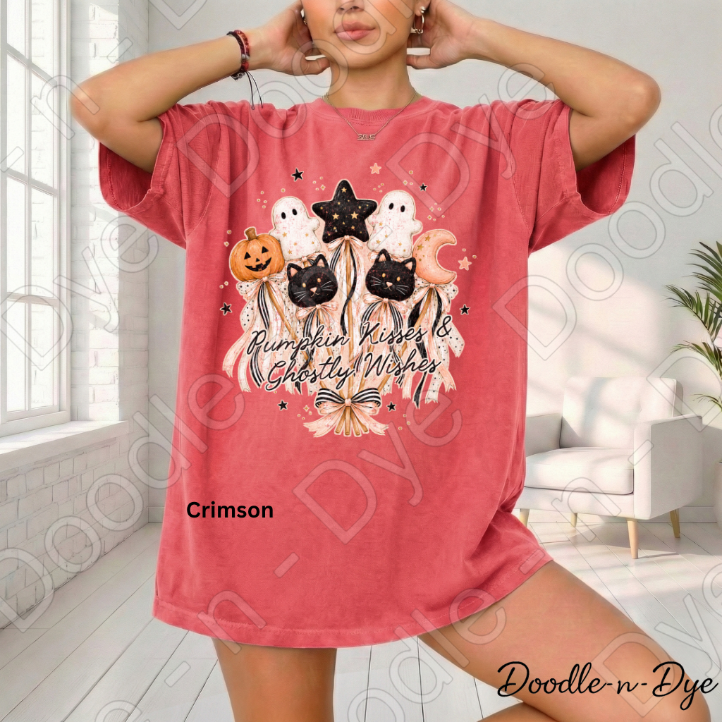 Pumpkin Kisses & Ghostly Wishes Shirt, Cute Halloween Tee, Comfort Colors Halloween Shirt, Ghost Pumpkin Cat Tee, Coquette Fall Shirt