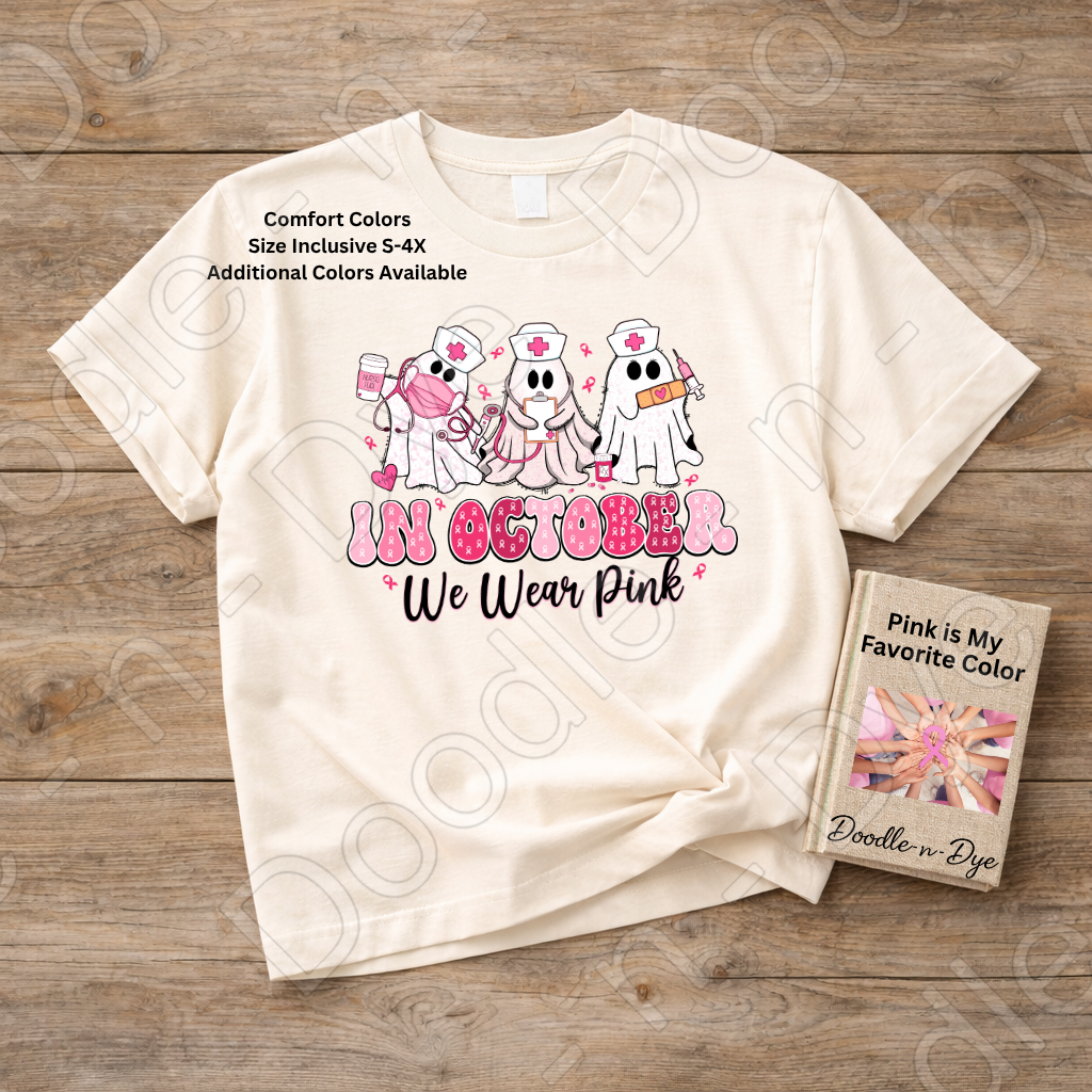 In October We Wear Pink Shirt | Breast Cancer Awareness Nurse Ghost Tee | Comfort Colors 1717 | Cute Halloween Pink Shirt | Healthcare Support Tee