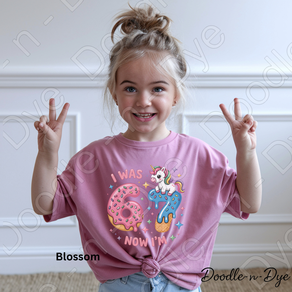 Youth I was 6 Now I'm 7 Comfort Colors Tee, Unicorn Donut Ice Cream Cone Shirt, Turning 7 Years Old T-Shirt, Birthday Tee for Kids, 7th Birthday Shirt