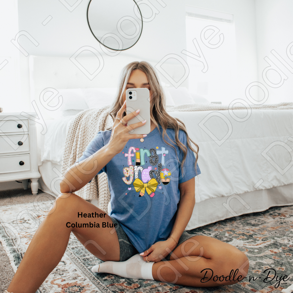 First Grade Teacher Shirt with Pencil Bow – Bella + Canvas Back‑to‑School Tee for Teachers, Staff, Classroom Prep & First‑Day Outfits