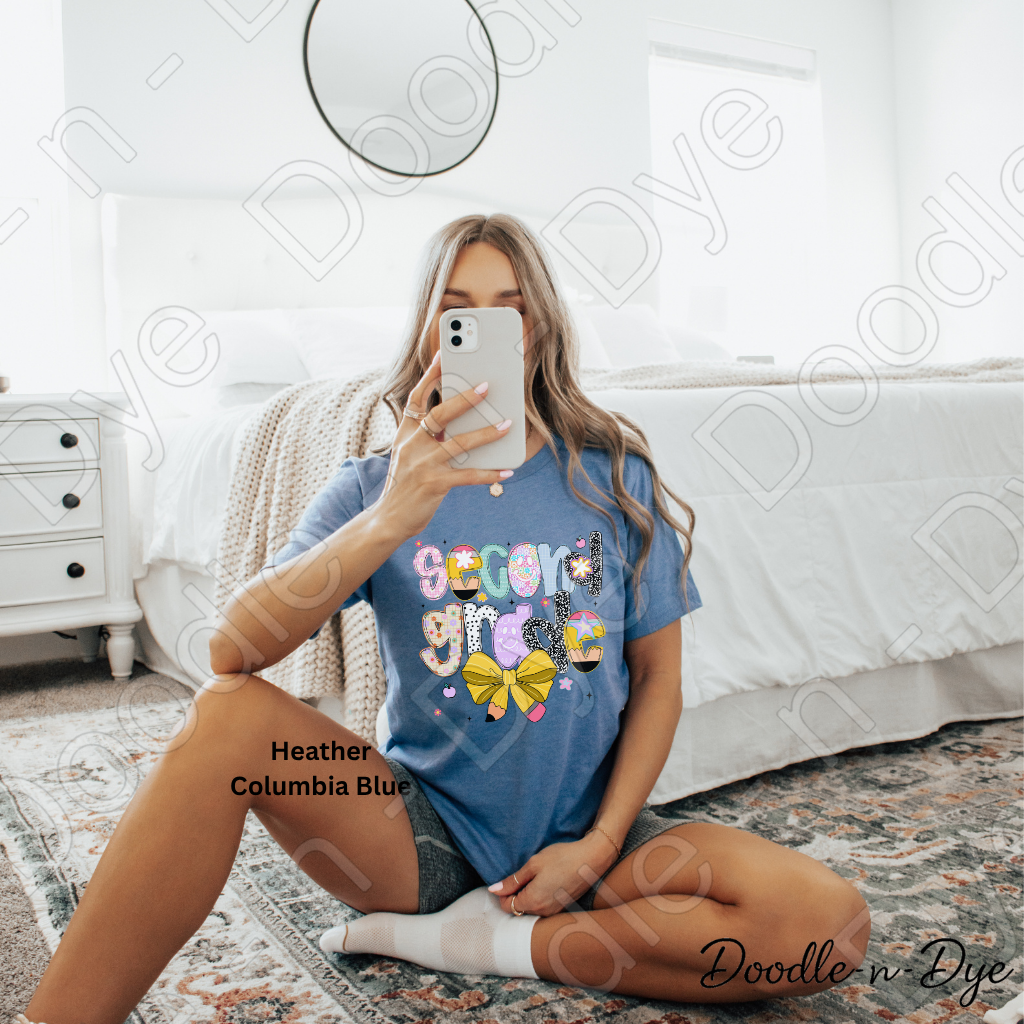 Second Grade Teacher Shirt with Pencil Bow – Bella + Canvas Back‑to‑School Tee for Teachers, Staff, Classroom Prep & First‑Day Outfits