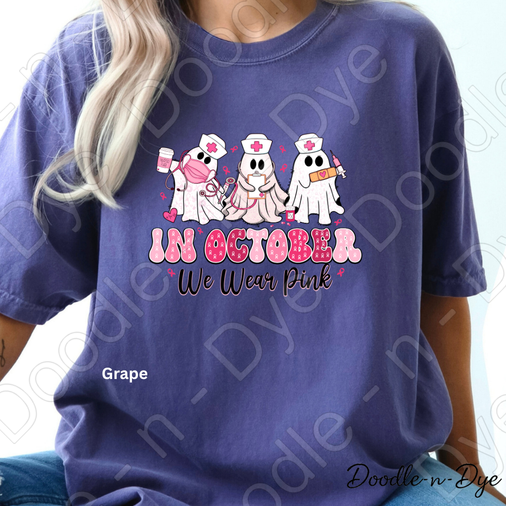 In October We Wear Pink Shirt | Breast Cancer Awareness Nurse Ghost Tee | Comfort Colors 1717 | Cute Halloween Pink Shirt | Healthcare Support Tee