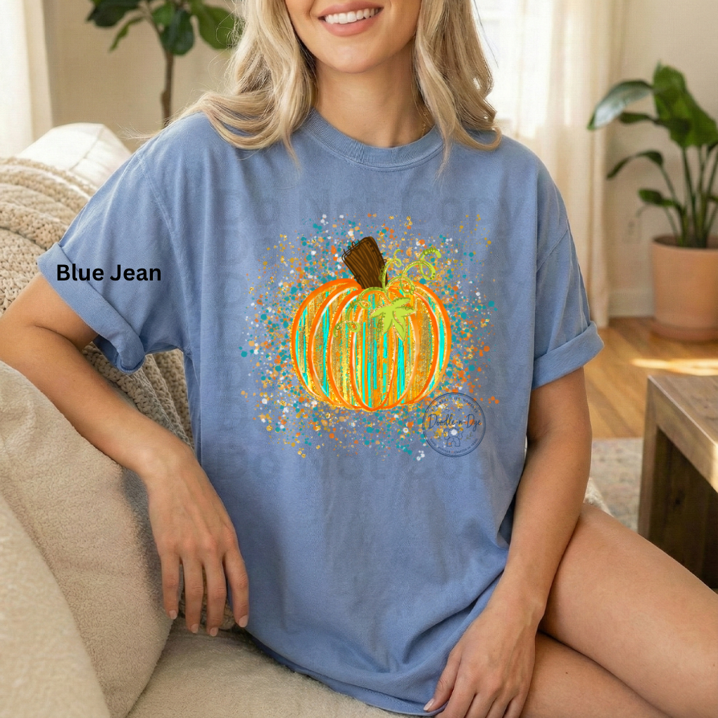 Watercolor Pumpkin Shirt | Artistic Splatter Paint Fall Pumpkin Tee | Autumn Graphic T-Shirt | Comfort Colors® 1717 | Pumpkin Patch Outfit | Cozy Fall Shirt