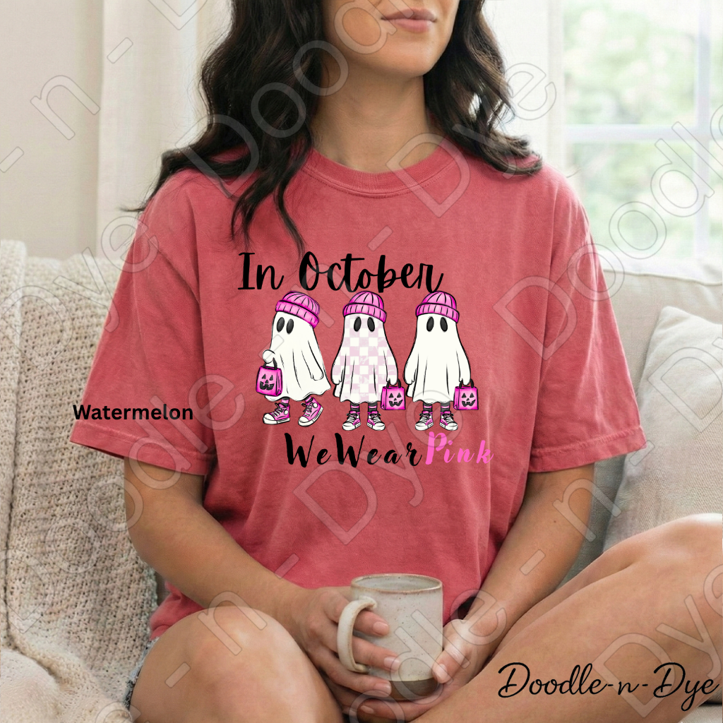 In October We Wear Pink Ghost Shirt | Breast Cancer Awareness Tee | Comfort Colors 1717 | Cute Halloween Ghost Shirt | October Pink Tee
