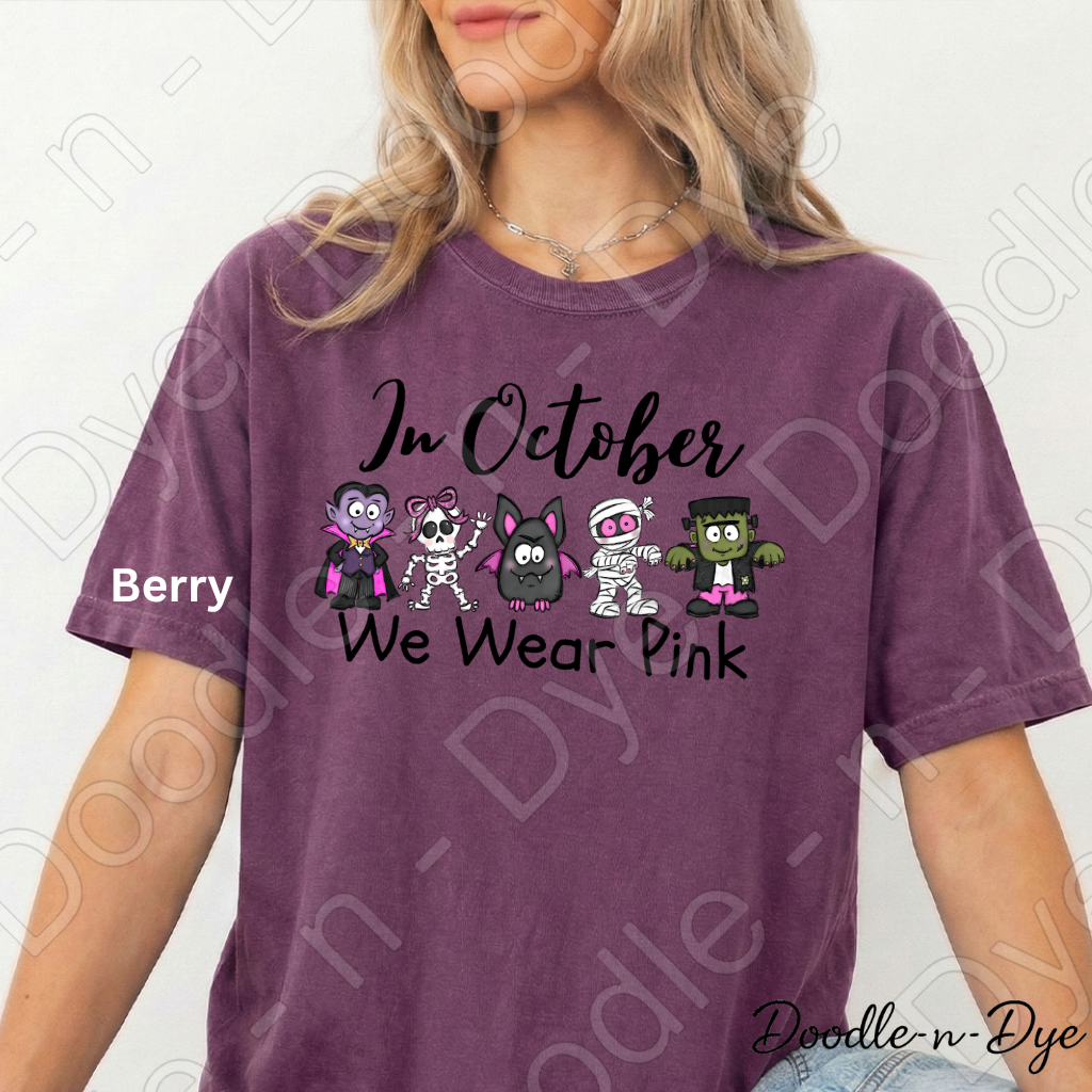 In October We Wear Pink Shirt | Doodle-n-Dye Original | Breast Cancer Awareness Tee | Comfort Colors 1717 | Cute Halloween Pink Shirt