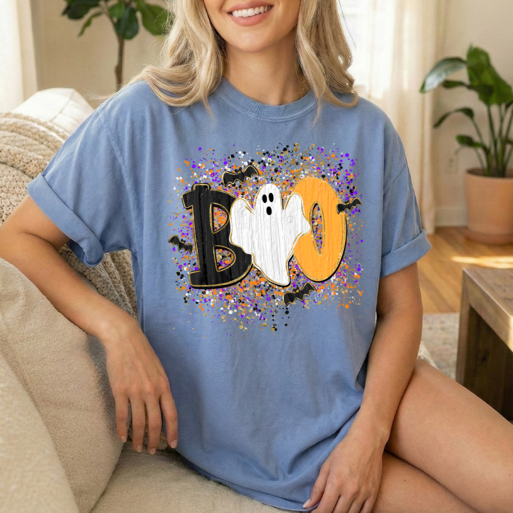 BOO Ghost Shirt | Comfort Colors® 1717 Cute Halloween T-Shirt | Spooky Season Ghost Tee | Bat Halloween Graphic Shirt | Fall Boutique Tee