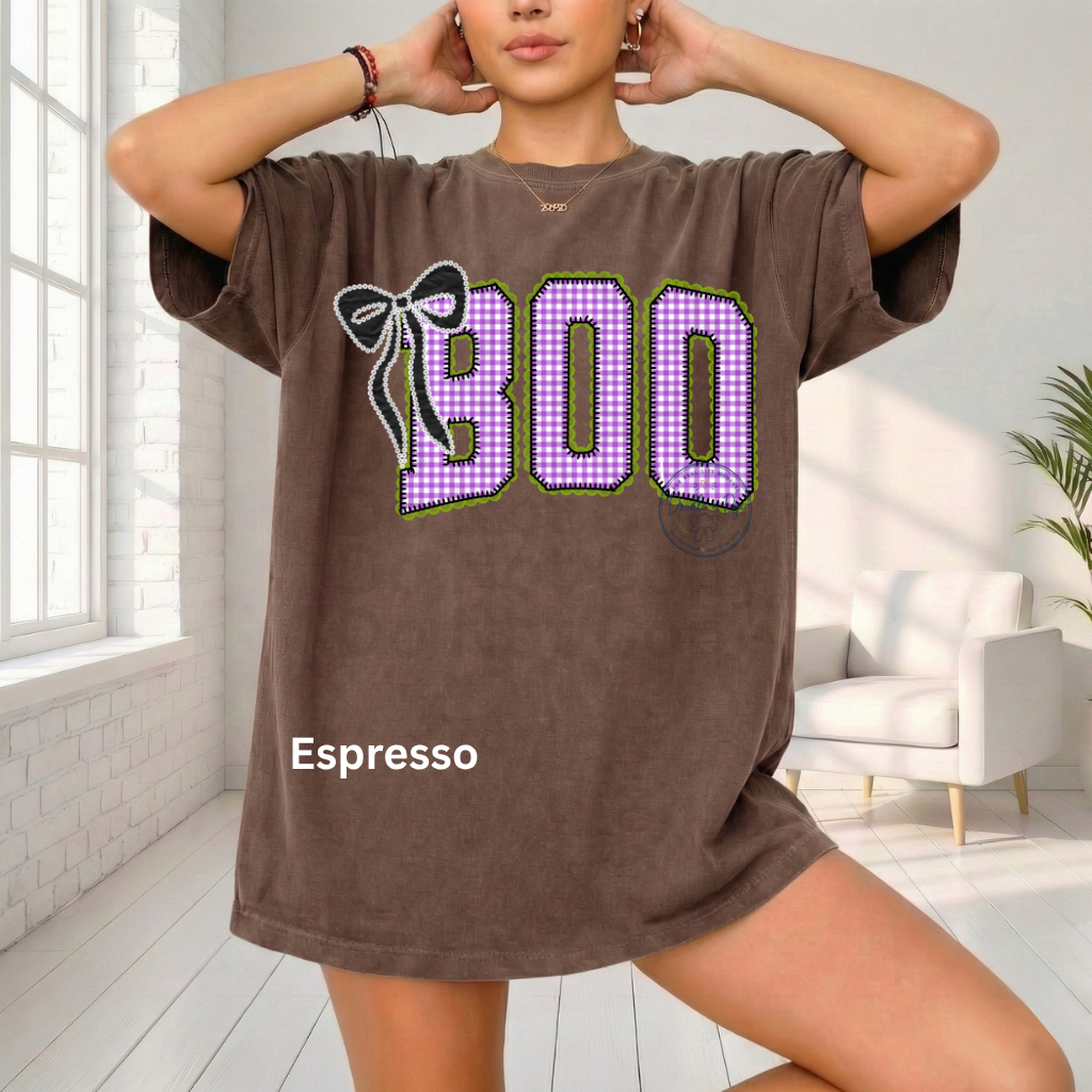 BOO Halloween Shirt | Purple Gingham Ghost Season Tee | Cute Halloween Graphic Shirt | Comfort Colors® 1717 Fall T-Shirt | Coquette Halloween Tee