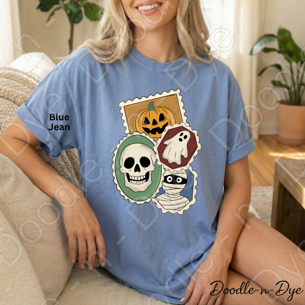 Vintage Halloween Stamp Shirt | Retro Spooky Postage Graphic Tee | Comfort Colors 1717 | Ghost Pumpkin Skull Halloween Shirt