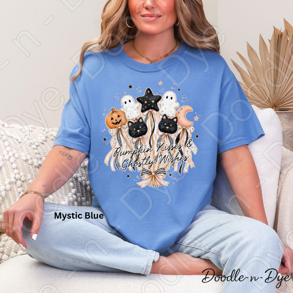 Pumpkin Kisses & Ghostly Wishes Shirt, Cute Halloween Tee, Comfort Colors Halloween Shirt, Ghost Pumpkin Cat Tee, Coquette Fall Shirt