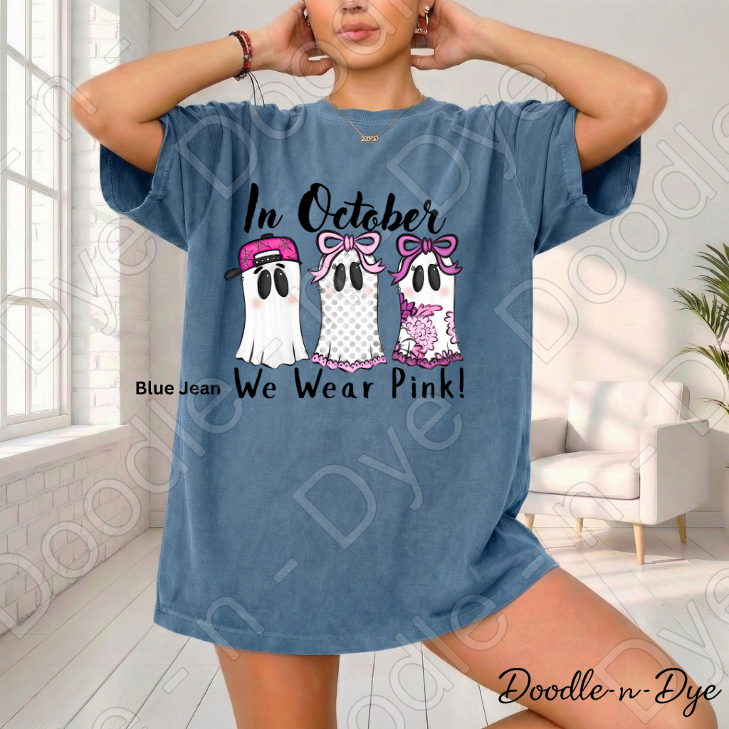 In October We Wear Pink Shirt | Doodle-n-Dye Original | Breast Cancer Awareness Ghost Tee | Comfort Colors 1717 | Cute Halloween Pink Shirt