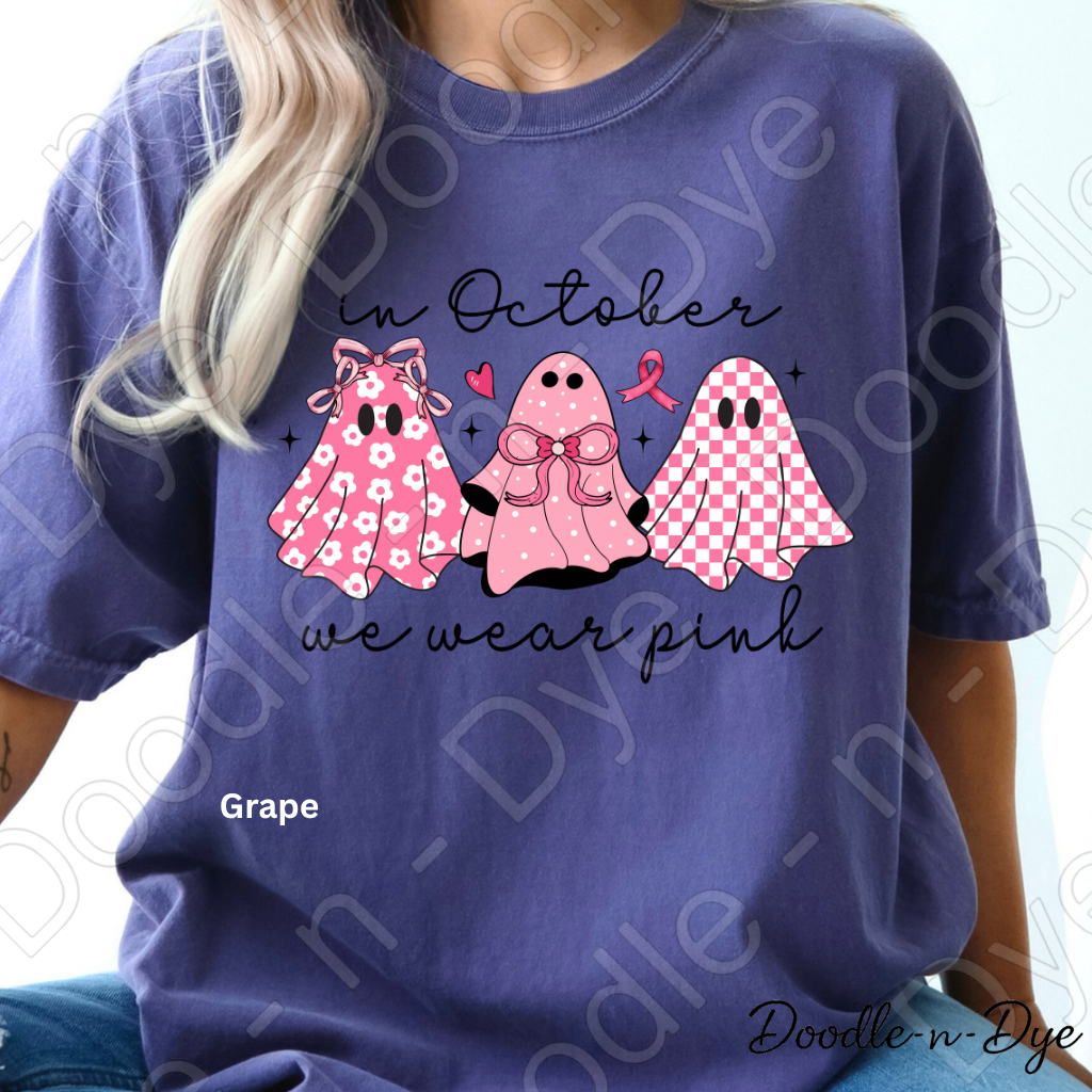 In October We Wear Pink Ghost Shirt | Breast Cancer Awareness Halloween Tee | Comfort Colors 1717 | Pink Ghost Graphic Shirt | October Cancer Support Tee