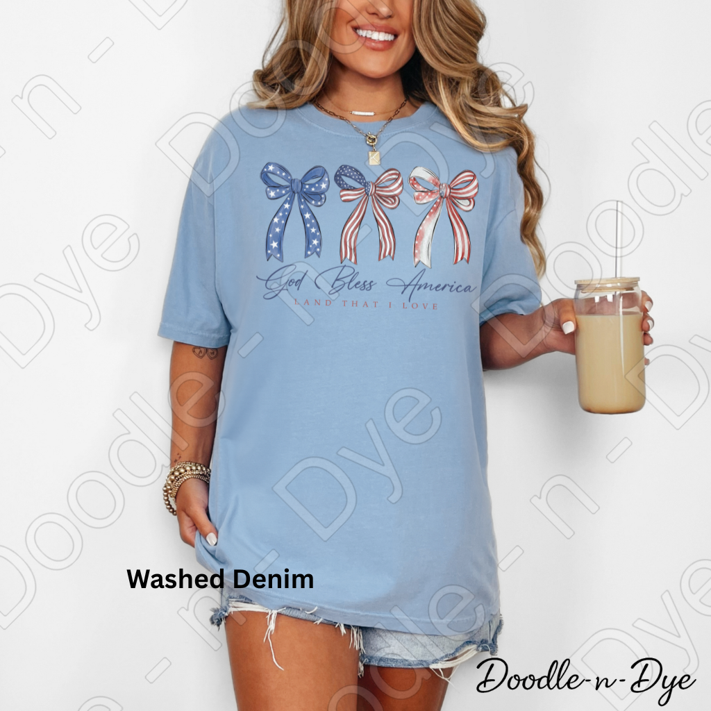 God Bless America Bow Shirt – Patriotic Comfort Colors USA Tee - Land That I love Coquette Bow T-Shirt