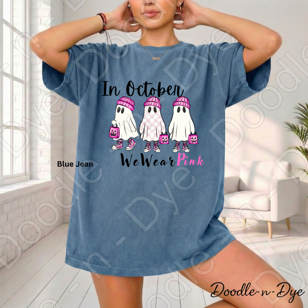In October We Wear Pink Ghost Shirt | Breast Cancer Awareness Tee | Comfort Colors 1717 | Cute Halloween Ghost Shirt | October Pink Tee