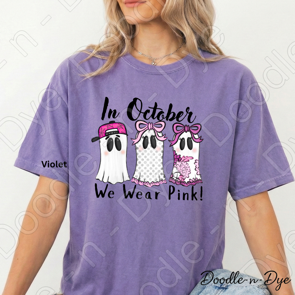 In October We Wear Pink Shirt | Doodle-n-Dye Original | Breast Cancer Awareness Ghost Tee | Comfort Colors 1717 | Cute Halloween Pink Shirt