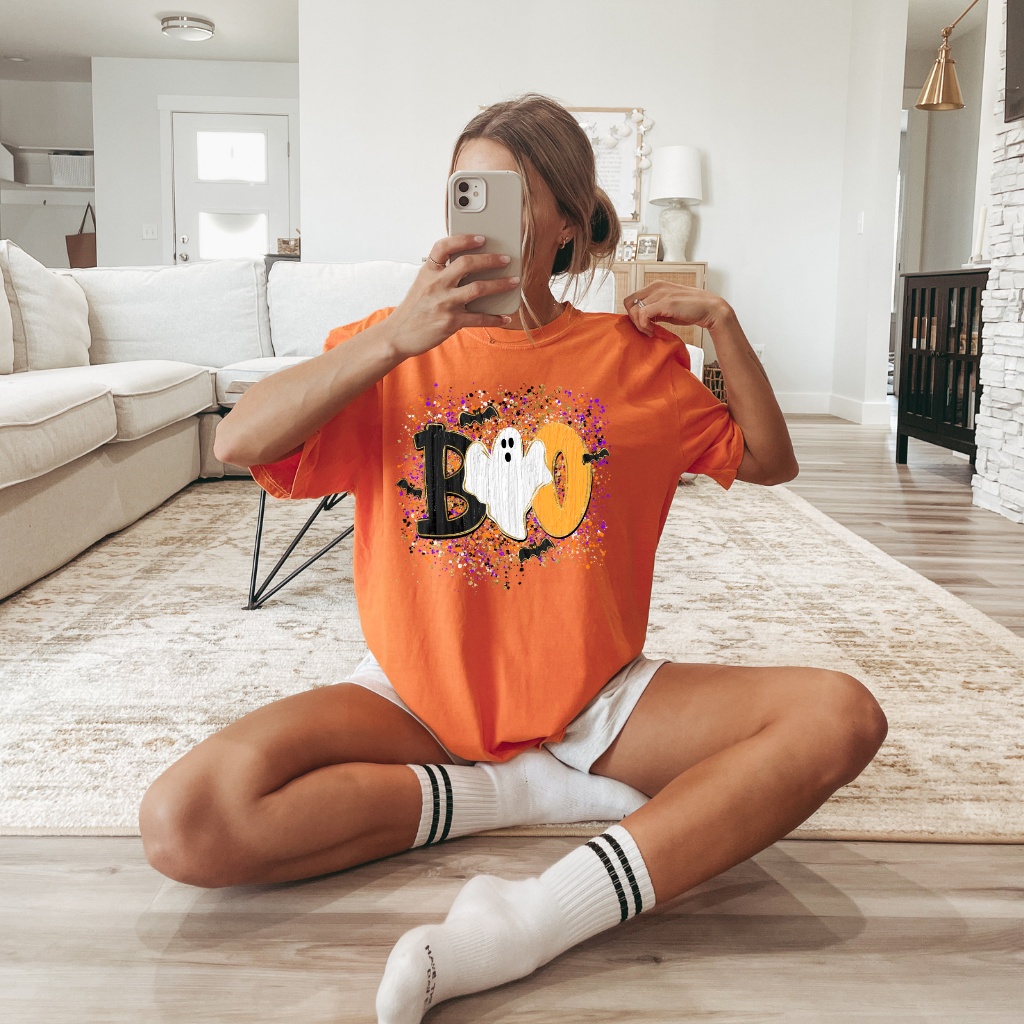 BOO Ghost Shirt | Comfort Colors® 1717 Cute Halloween T-Shirt | Spooky Season Ghost Tee | Bat Halloween Graphic Shirt | Fall Boutique Tee