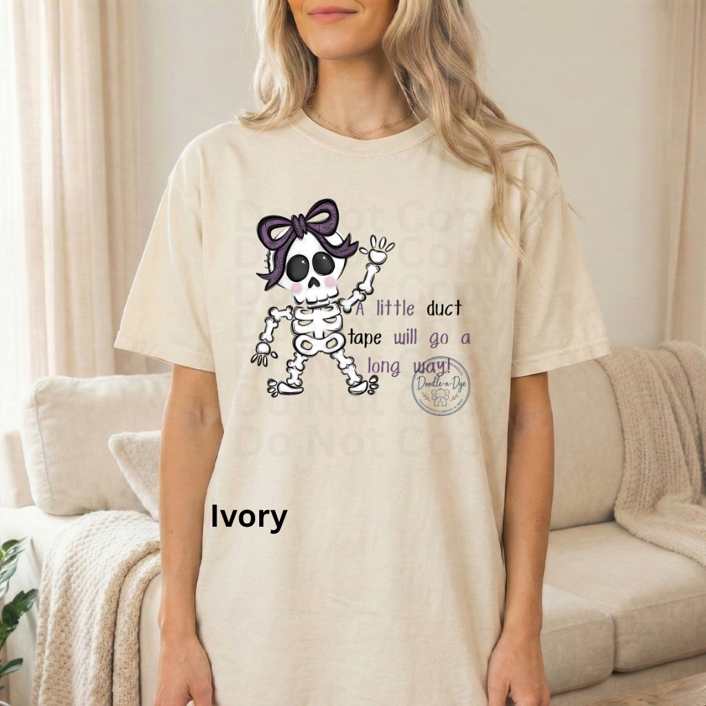 Halloween Skeleton A Little Duct Tape Will Go a Long Way Shirt | Funny Halloween Skeleton Tee | Original Doodle-n-Dye Design | Comfort Colors® 1717 Graphic T-Shirt