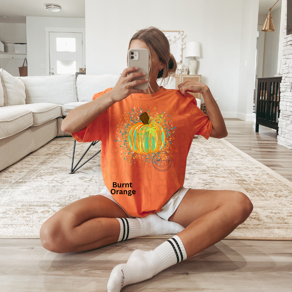 Watercolor Pumpkin Shirt | Artistic Splatter Paint Fall Pumpkin Tee | Autumn Graphic T-Shirt | Comfort Colors® 1717 | Pumpkin Patch Outfit | Cozy Fall Shirt