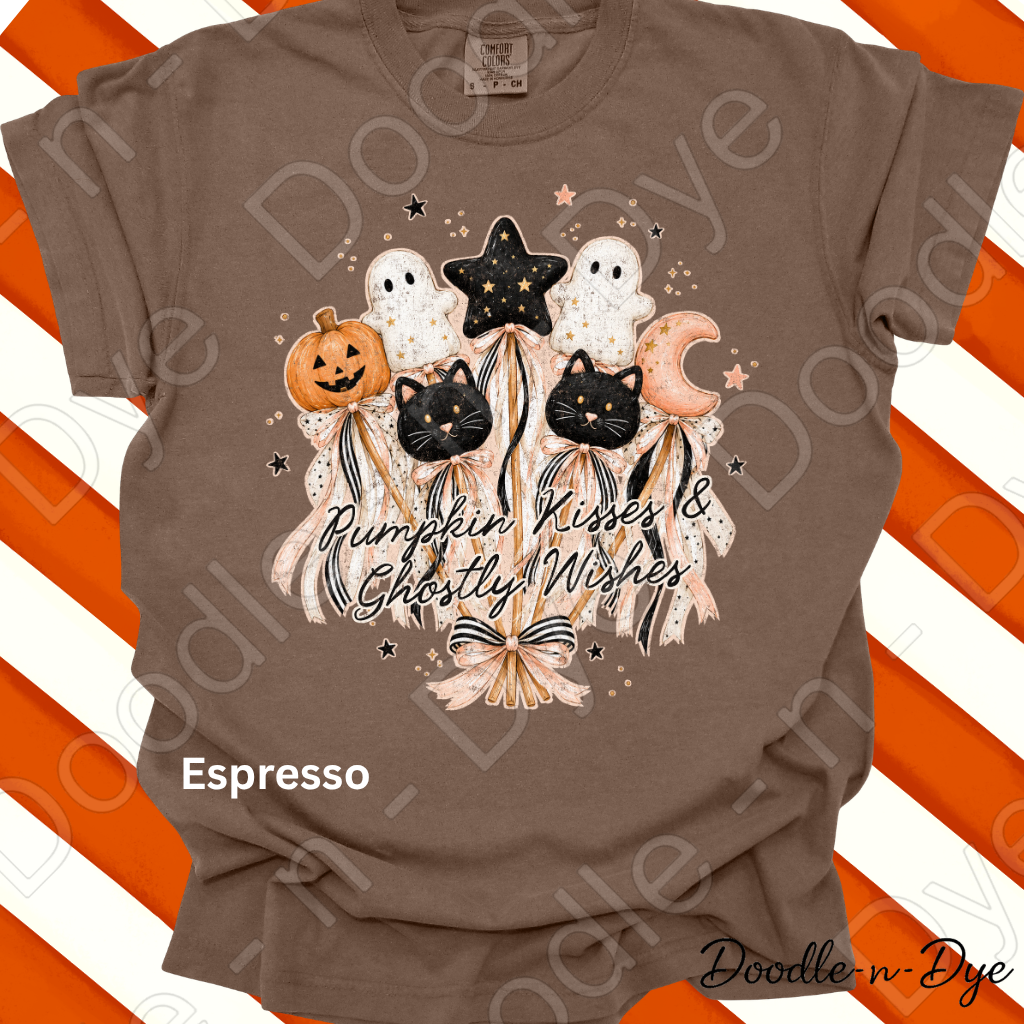 Pumpkin Kisses & Ghostly Wishes Shirt, Cute Halloween Tee, Comfort Colors Halloween Shirt, Ghost Pumpkin Cat Tee, Coquette Fall Shirt