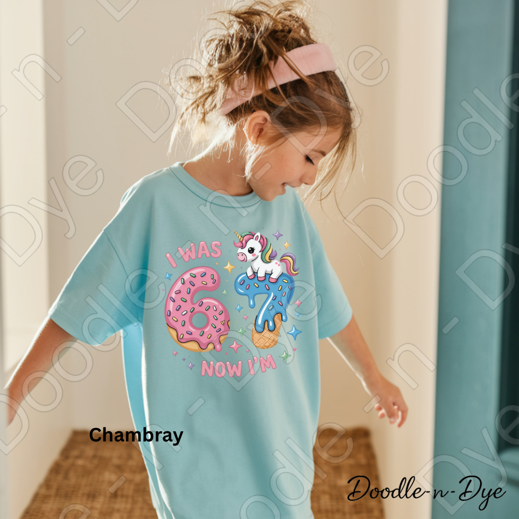 Youth I was 6 Now I'm 7 Comfort Colors Tee, Unicorn Donut Ice Cream Cone Shirt, Turning 7 Years Old T-Shirt, Birthday Tee for Kids, 7th Birthday Shirt