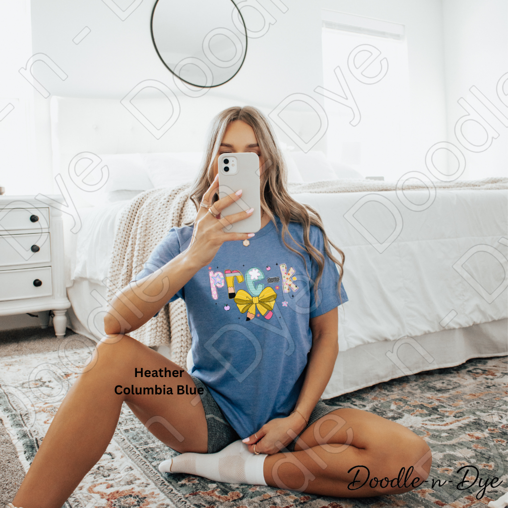 Pre‑K Teacher Shirt with Pencil Bow – Bella + Canvas Back‑to‑School Graphic Tee for Teachers, Staff, Preschool & Classroom Outfits