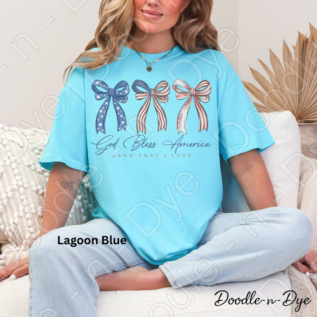 God Bless America Bow Shirt – Patriotic Comfort Colors USA Tee - Land That I love Coquette Bow T-Shirt