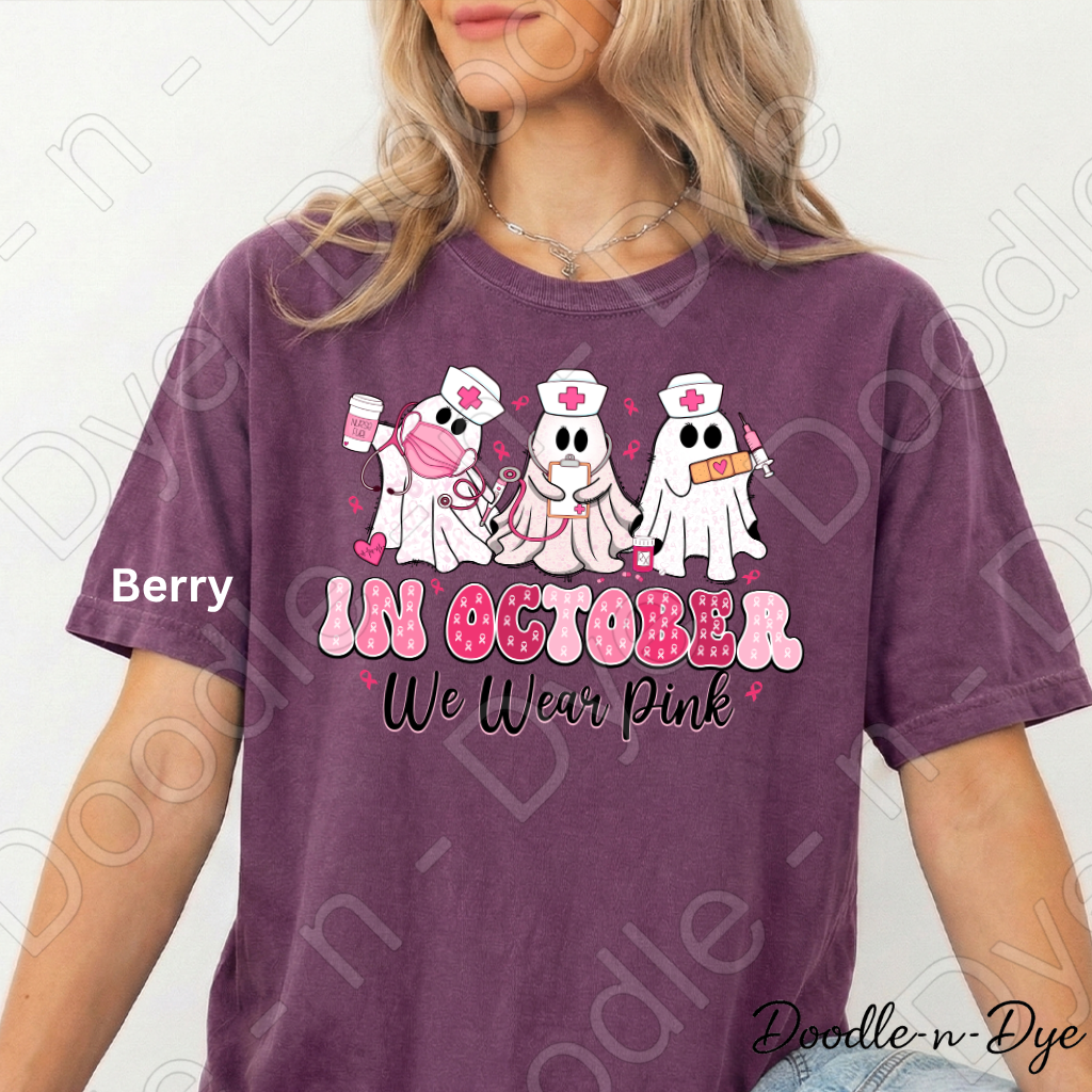 In October We Wear Pink Shirt | Breast Cancer Awareness Nurse Ghost Tee | Comfort Colors 1717 | Cute Halloween Pink Shirt | Healthcare Support Tee