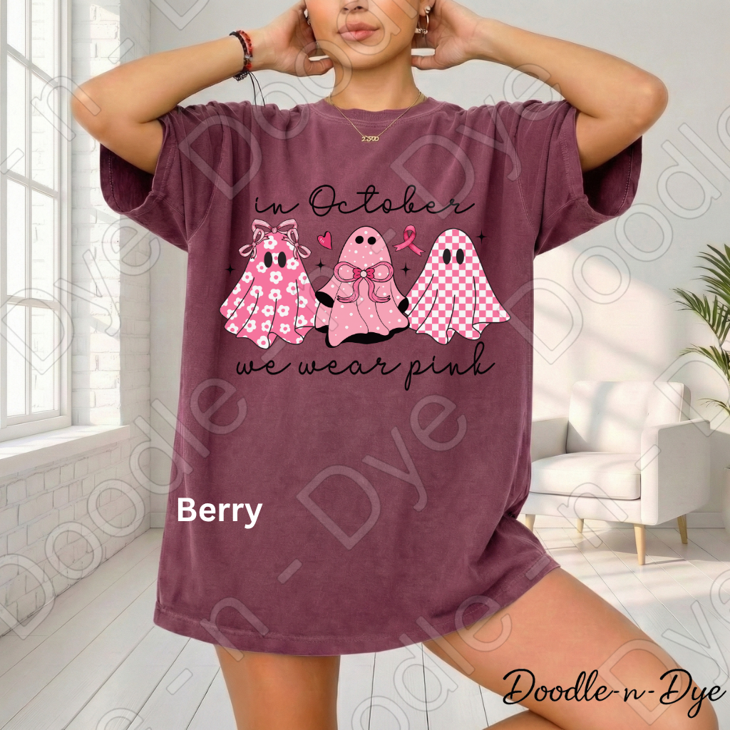 In October We Wear Pink Ghost Shirt | Breast Cancer Awareness Halloween Tee | Comfort Colors 1717 | Pink Ghost Graphic Shirt | October Cancer Support Tee