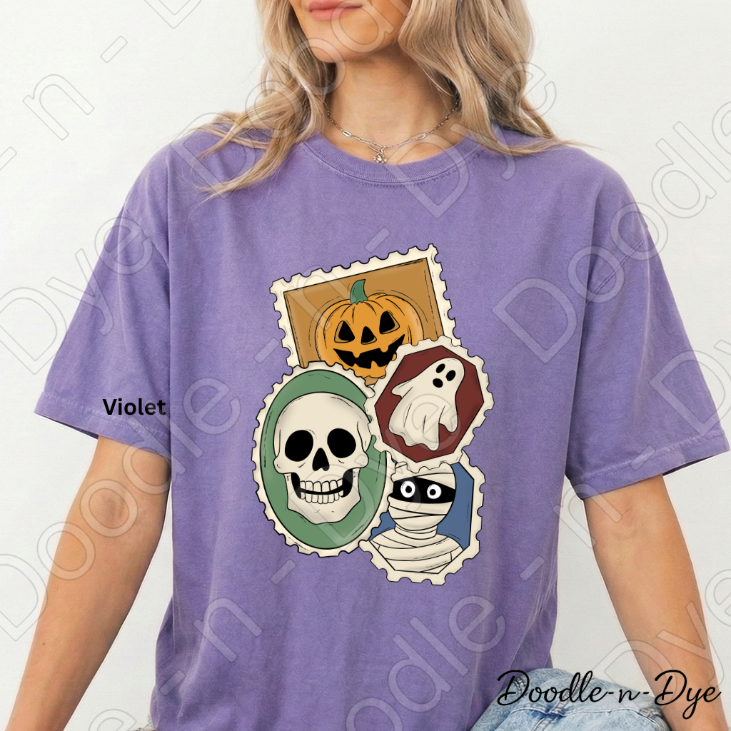Vintage Halloween Stamp Shirt | Retro Spooky Postage Graphic Tee | Comfort Colors 1717 | Ghost Pumpkin Skull Halloween Shirt