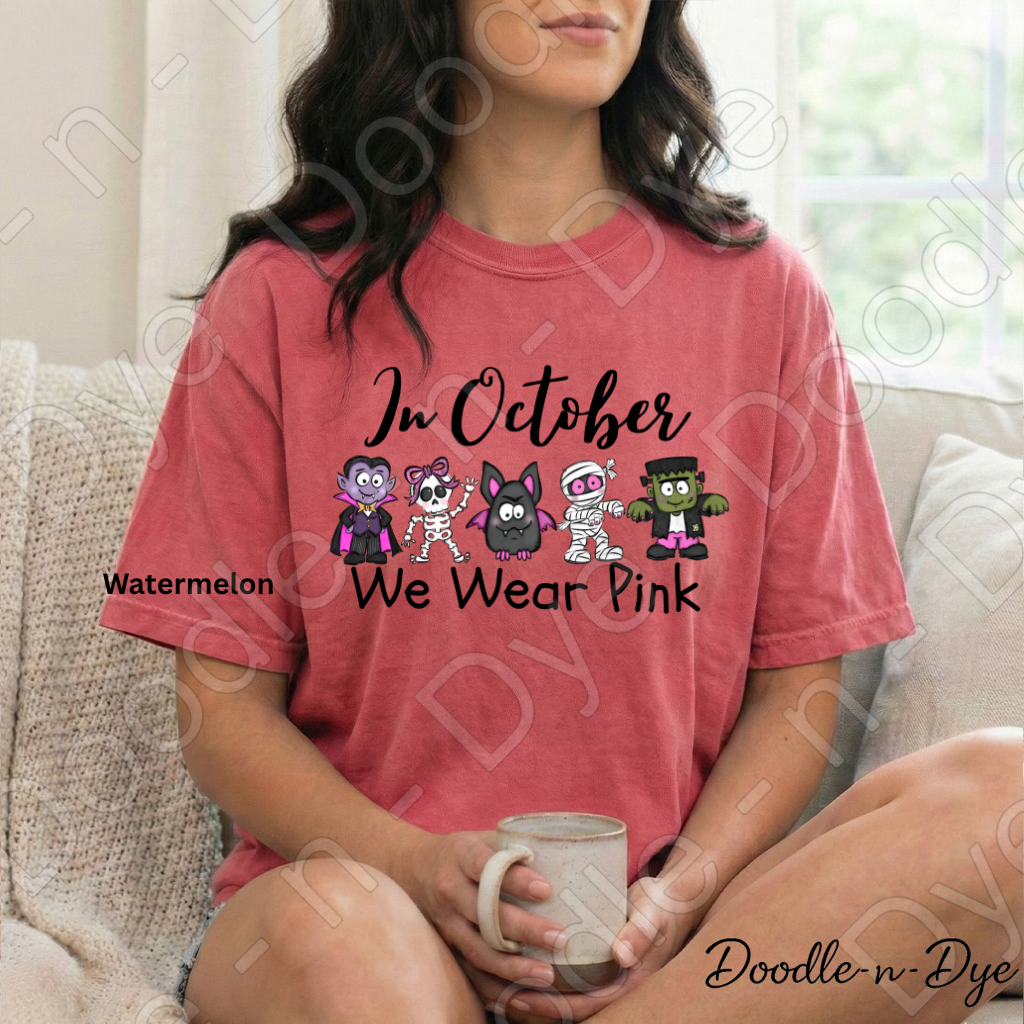 In October We Wear Pink Shirt | Doodle-n-Dye Original | Breast Cancer Awareness Tee | Comfort Colors 1717 | Cute Halloween Pink Shirt