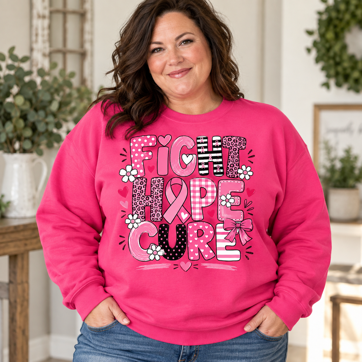 Breast Cancer Awareness Sweatshirt | Fight Hope Cure Pink Crewneck | In October We Wear Pink