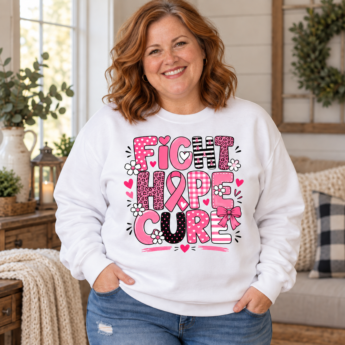 Breast Cancer Awareness Sweatshirt | Fight Hope Cure Pink Crewneck | In October We Wear Pink